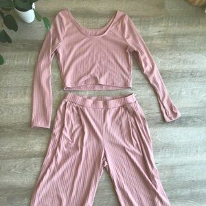Knit, Ribbed Outfit Set, Pink, L